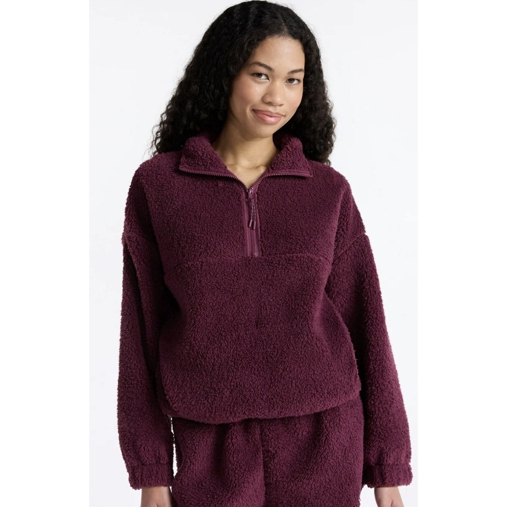 No Boundaries Plush Half-Zip Pullover Womens Large 12-14 Burgundy Fleece NWT